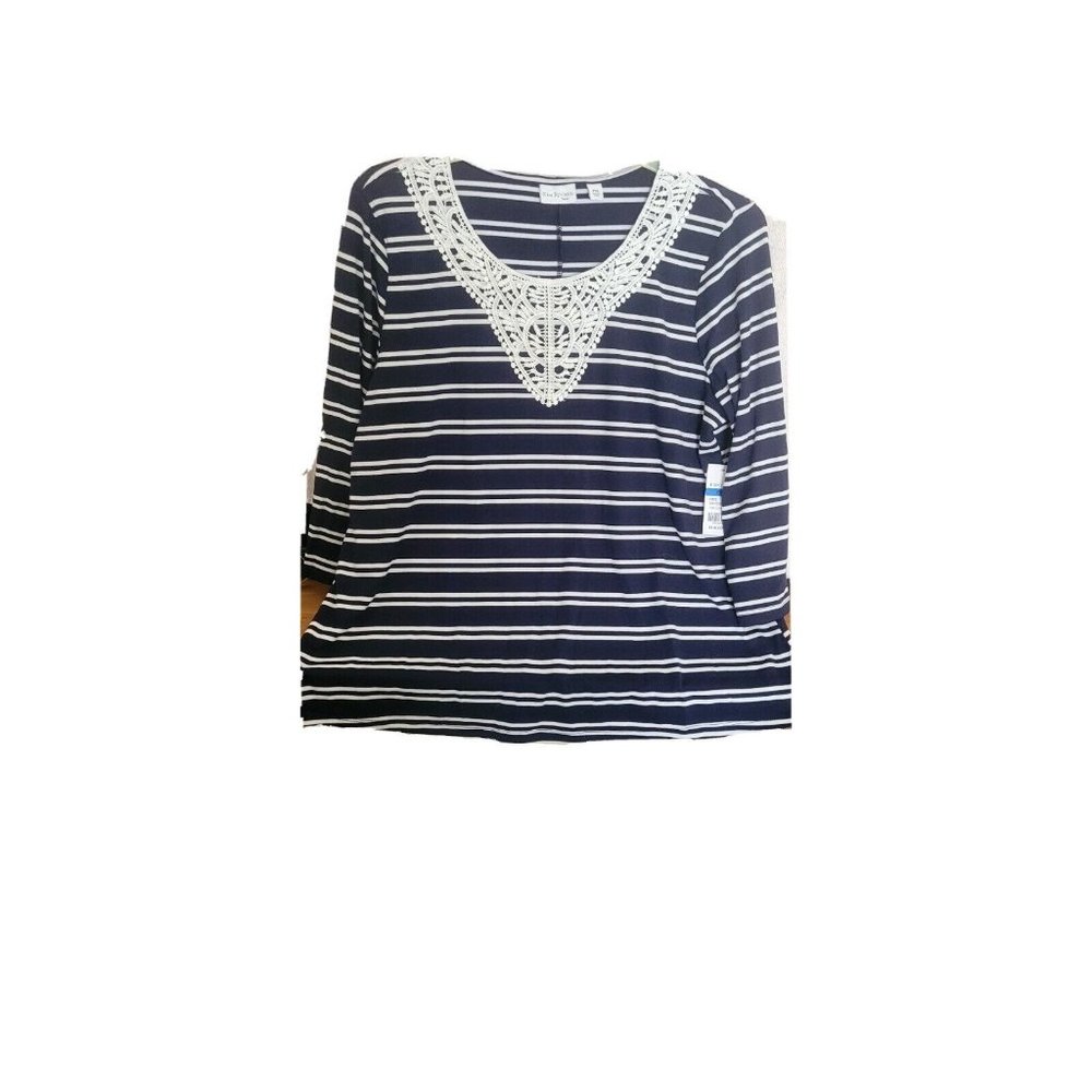 Kim Rogers - Soft Women's Blue/White Striped 3/4 Sleeve Top Sz PXL Fancywork